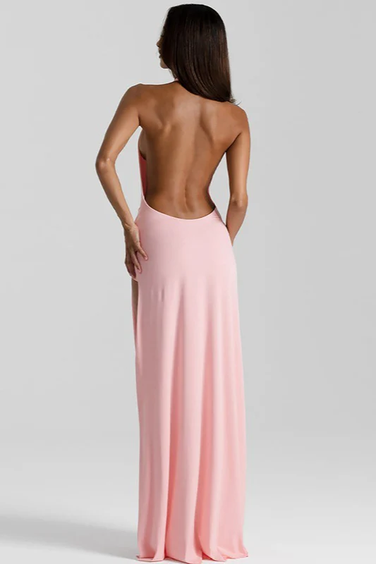 Deep V Halter Ruched Backless High Slit Maxi Dress - Image 5
