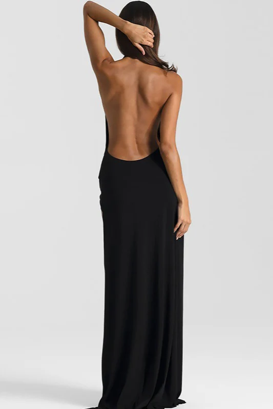Deep V Halter Ruched Backless High Slit Maxi Dress - Image 8