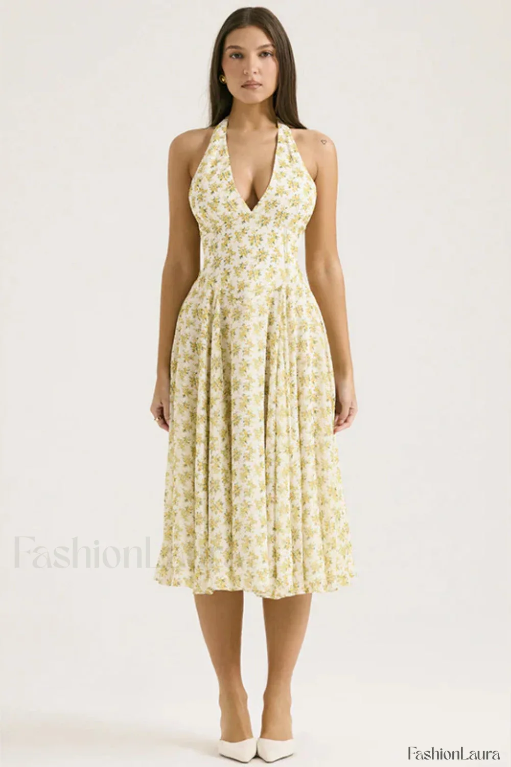 Deep V-Neck Backless Floral A-Line Floral Dress - Image 10