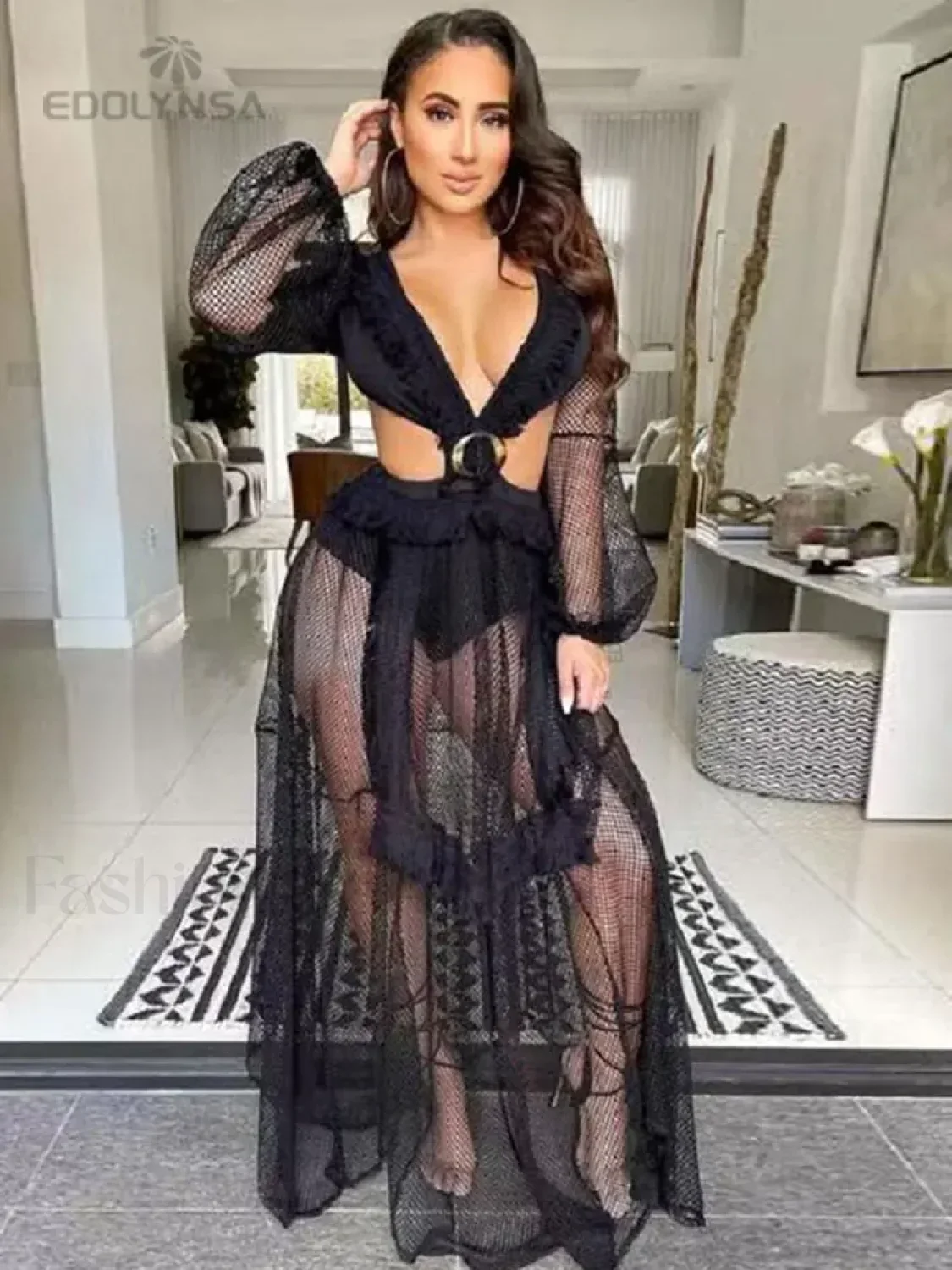 Deep V-neck Lace Cover Up - Image 8
