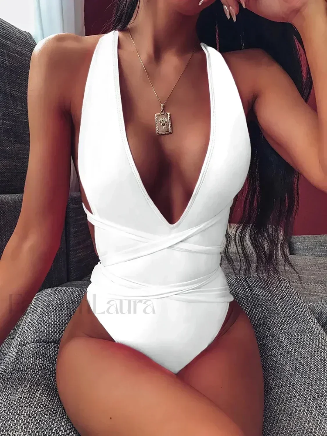 Deep V-Neck Lace Up Slim One Piece - Image 2