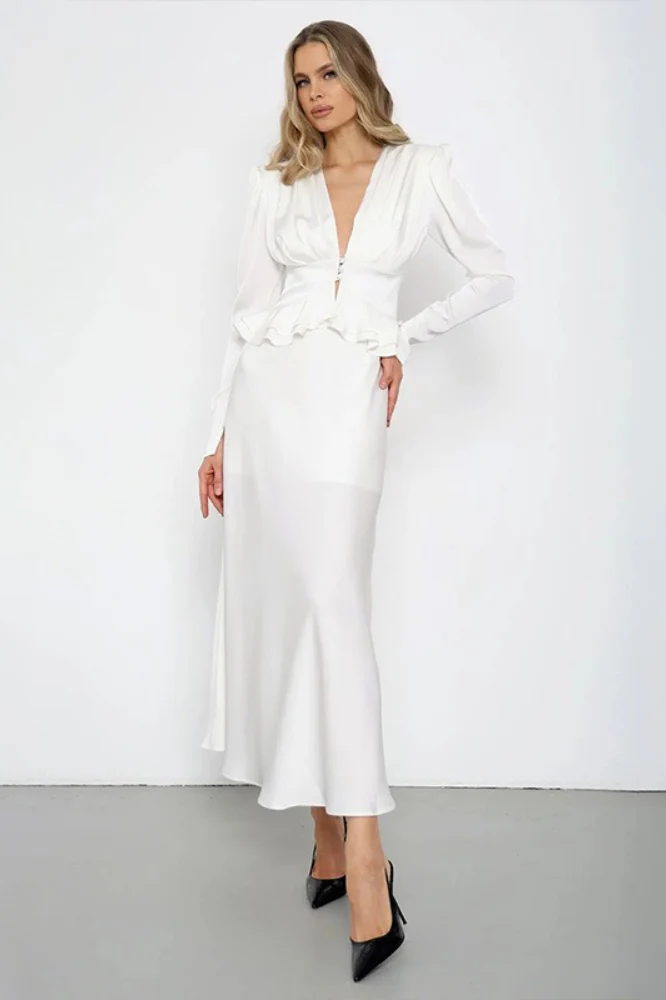 Deep V Neck Waist Cinched Ruffle Hem Shoulder Pad Blouse - Image 5