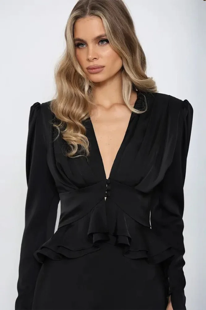 Deep V Neck Waist Cinched Ruffle Hem Shoulder Pad Blouse - Image 6