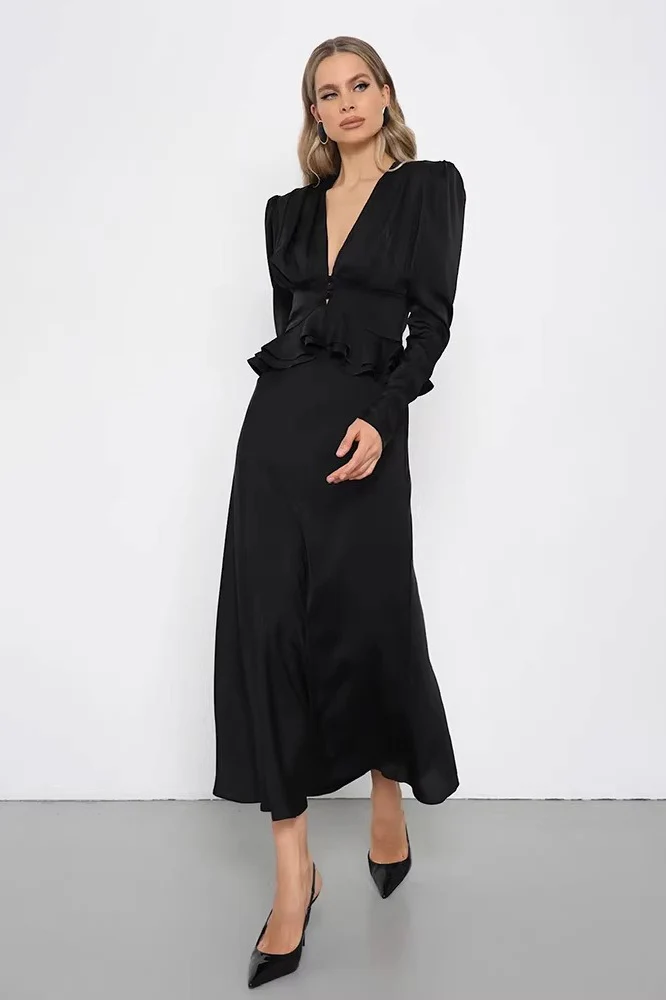 Deep V Neck Waist Cinched Ruffle Hem Shoulder Pad Blouse - Image 7