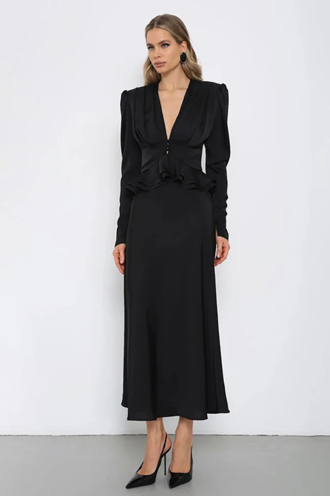 Deep V Neck Waist Cinched Ruffle Hem Shoulder Pad Blouse - Image 8