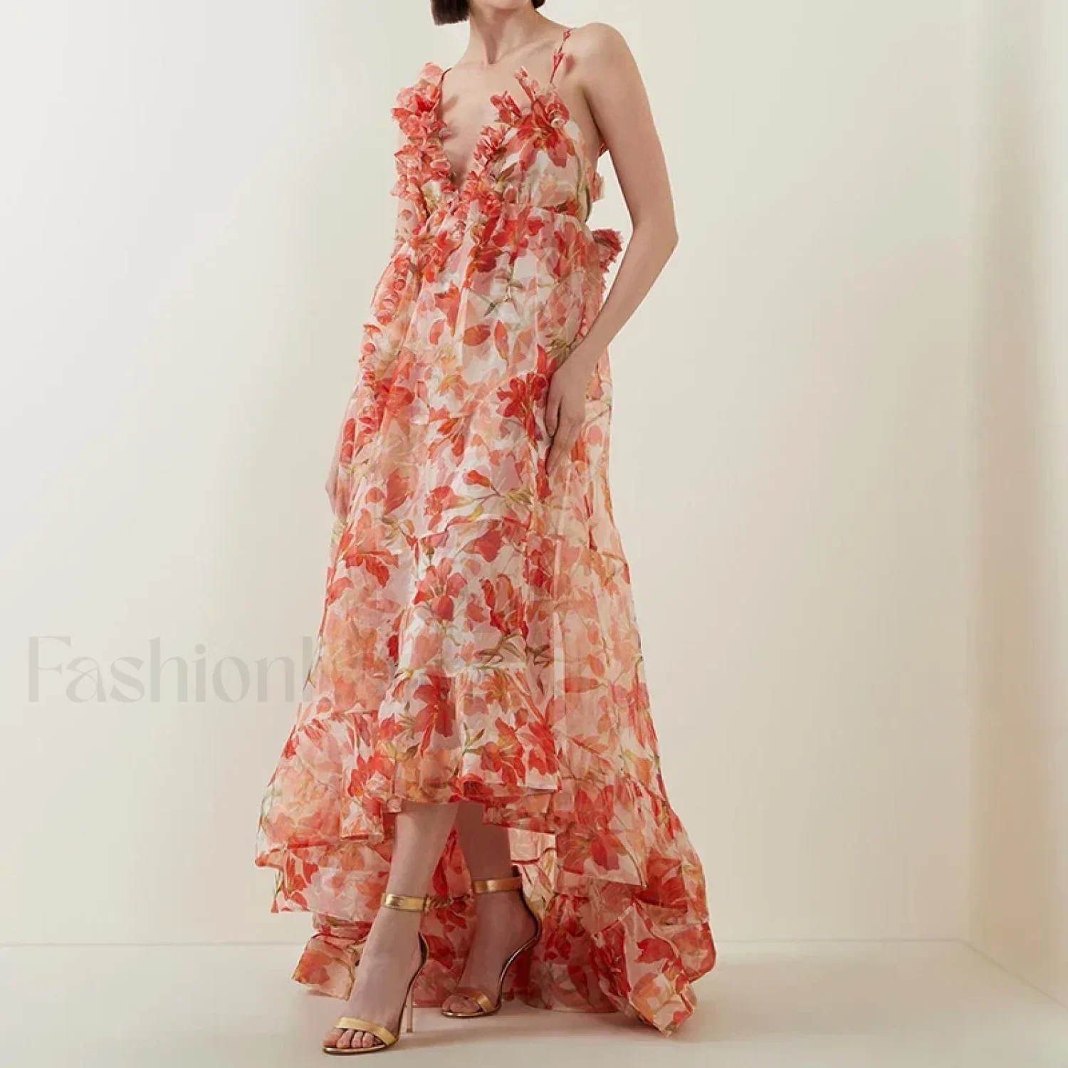Deep V Ruffle Floral Dress - Image 12