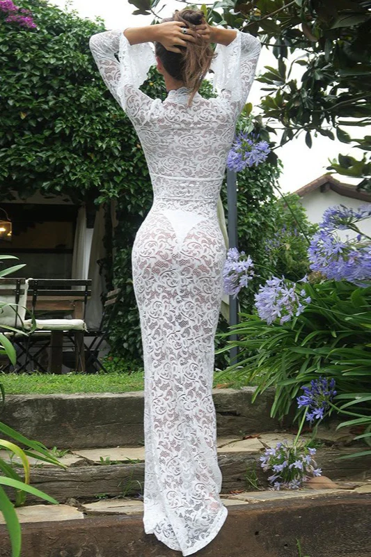 Deep V Sheer Lace Long Sleeve Maxi Dress - Image 2