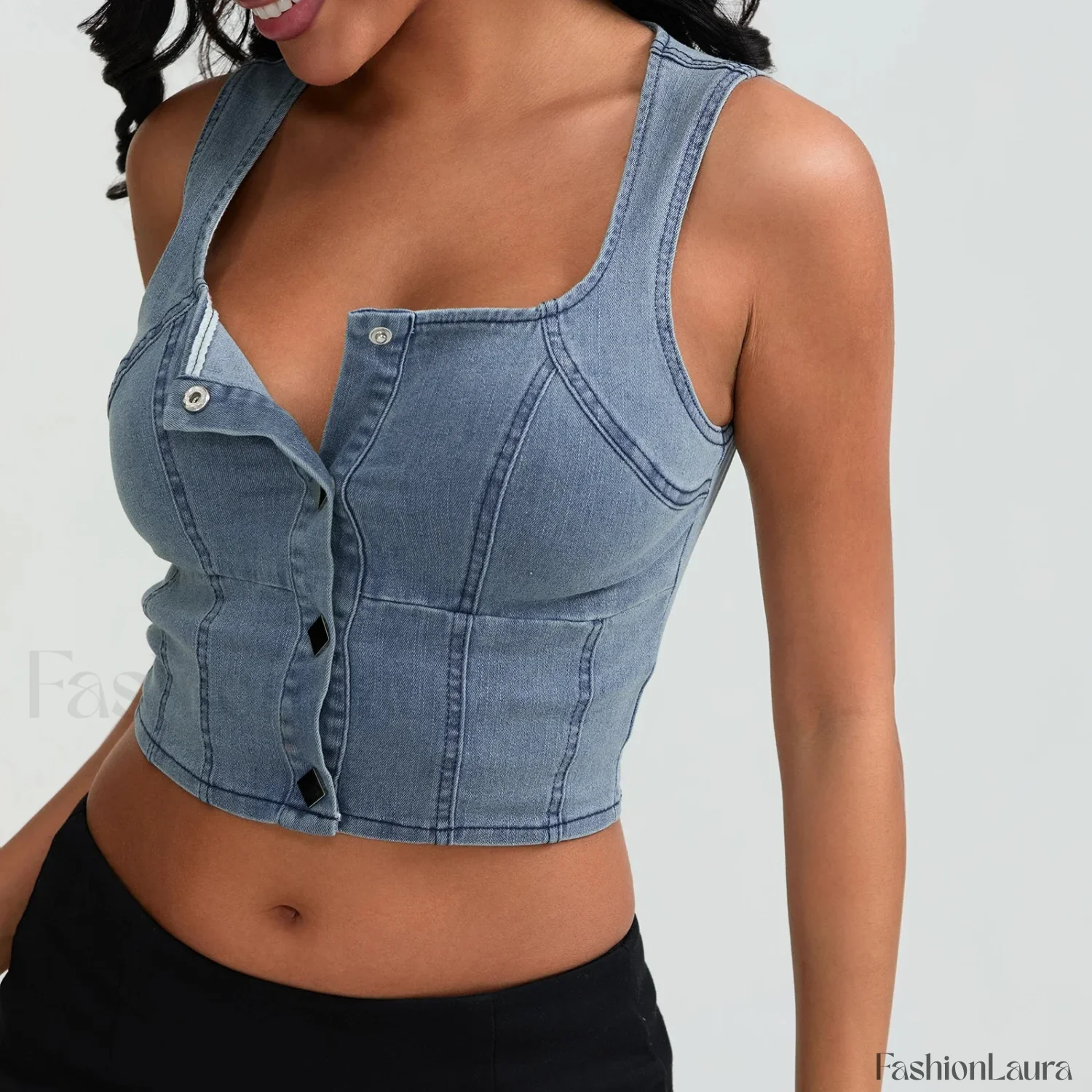 Denim Button Square Crop Top - Image 13