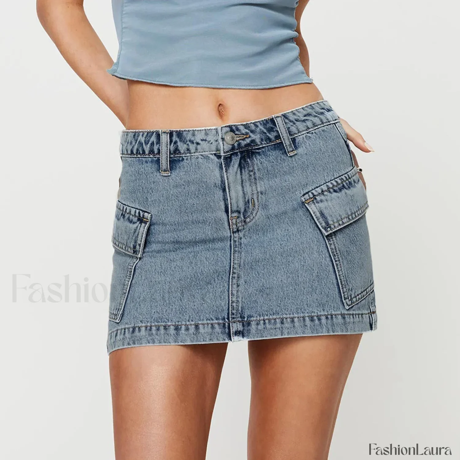 Denim Cargo Pocket Low Waist Skirt - Image 13