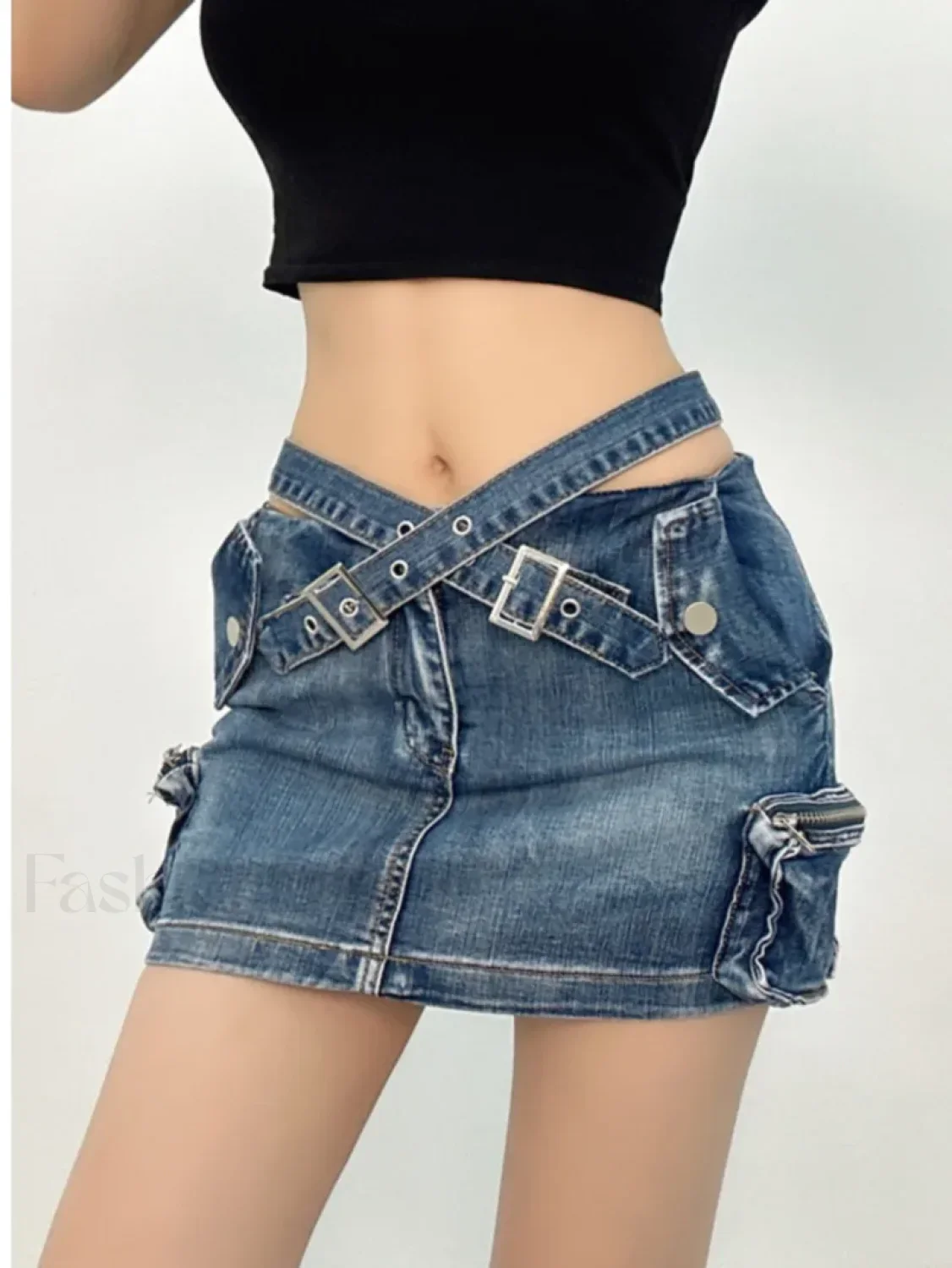 Denim Multi Pocket Wrap Mini Skirt - Image 3