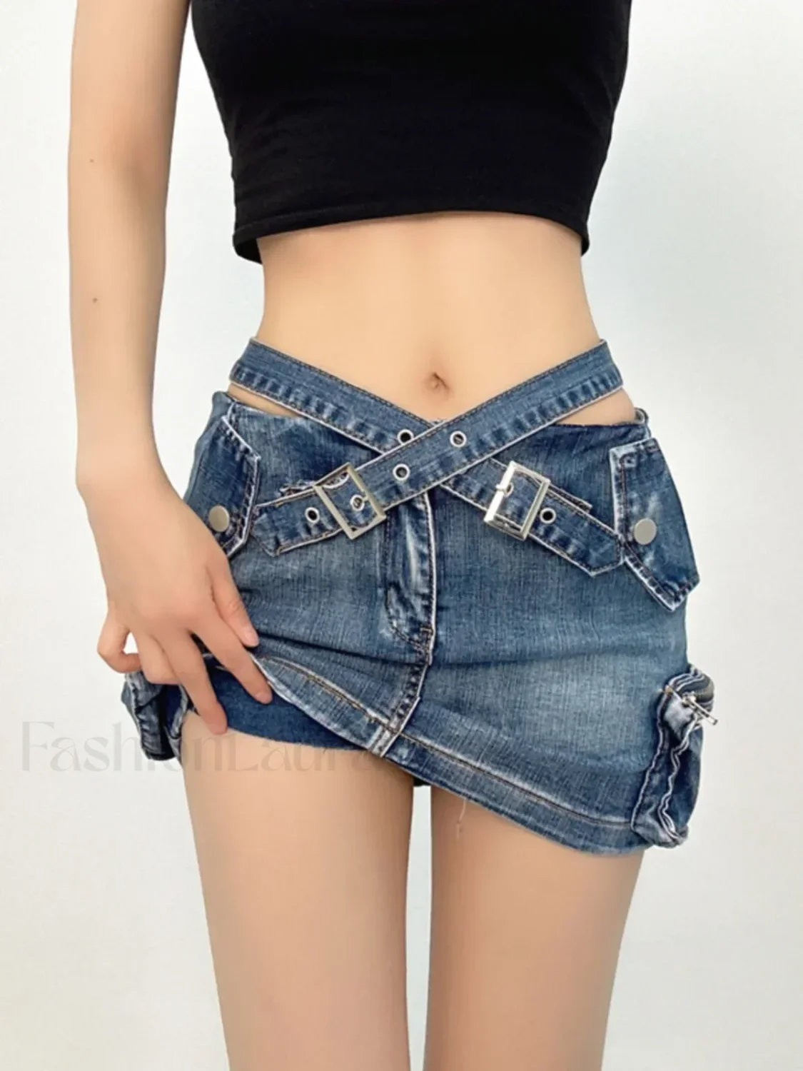 Denim Multi Pocket Wrap Mini Skirt - Image 4
