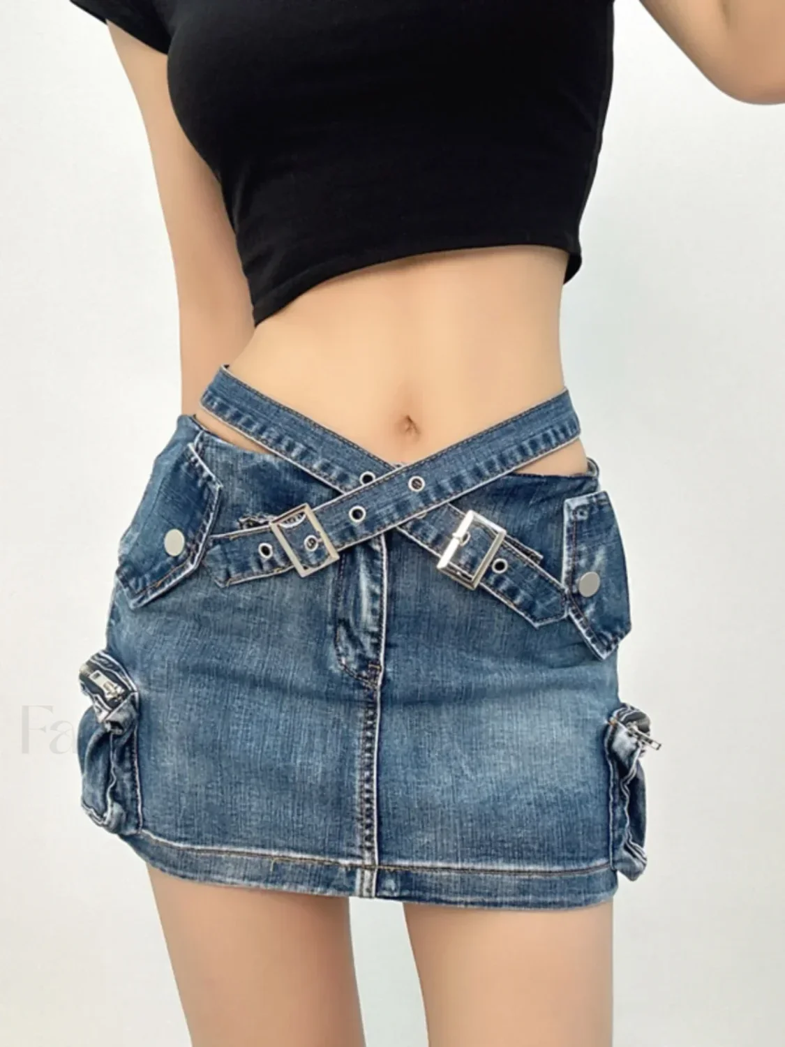 Denim Multi Pocket Wrap Mini Skirt - Image 9