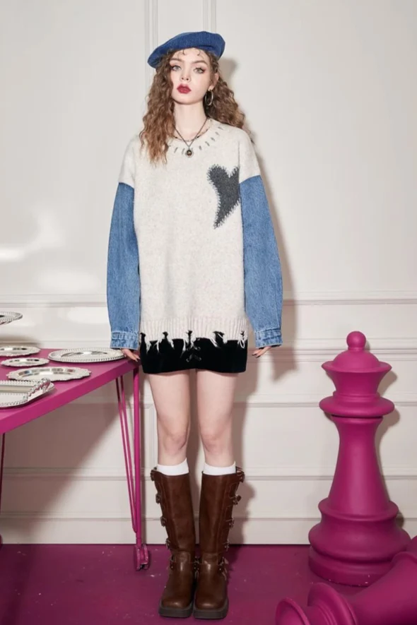 Denim Panel Mid Length Relaxed Sweater - Image 7