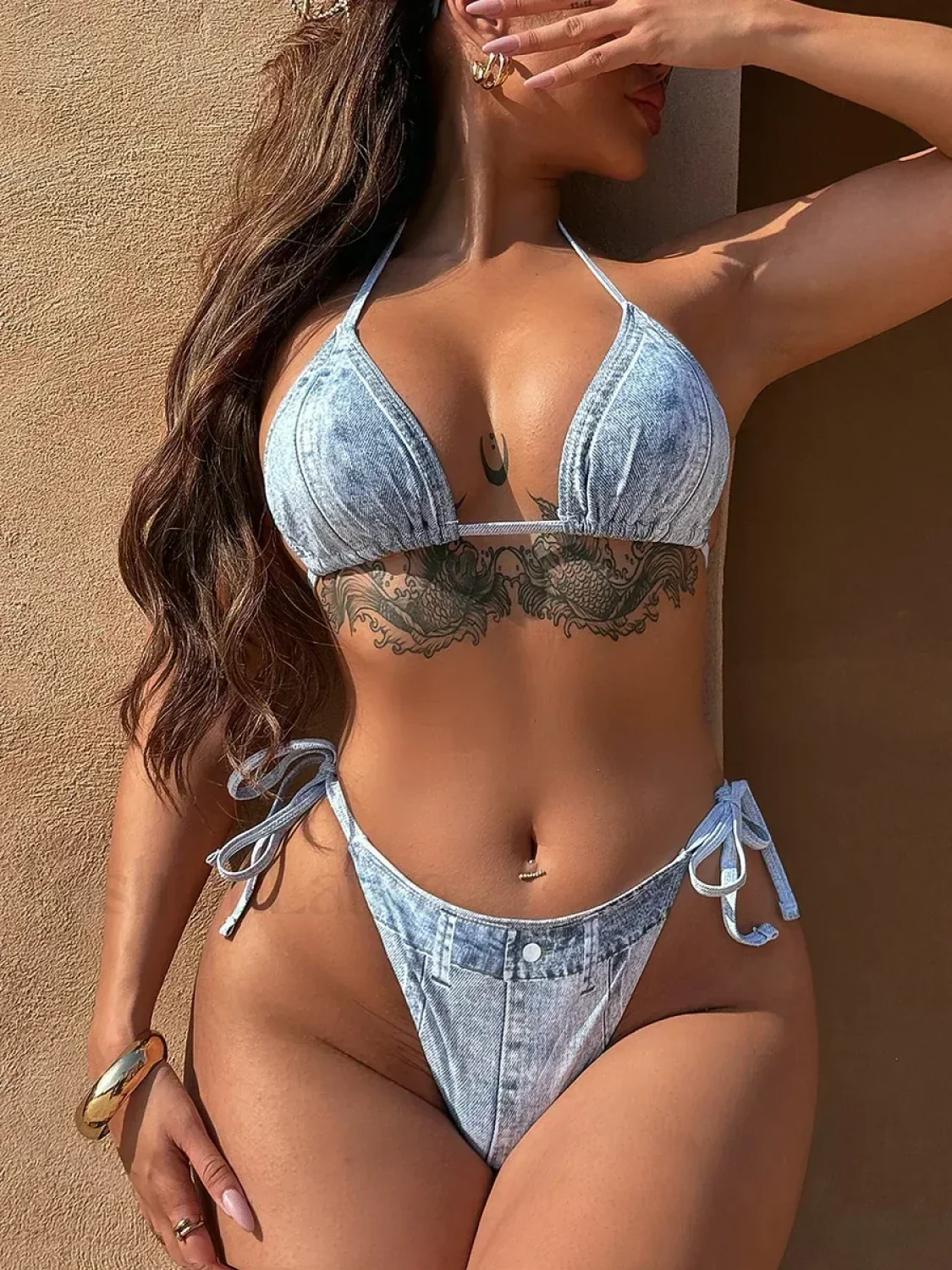 Denim Printed Halter Strappy High Cut Bikini Set - Image 2