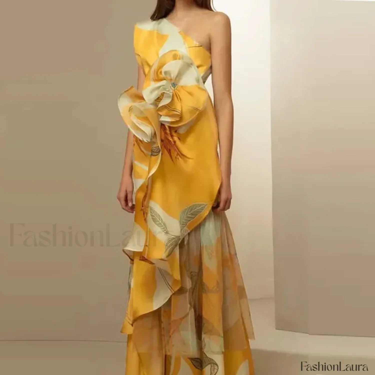 Diagonal Collar Hollow Floral Dress - Image 13