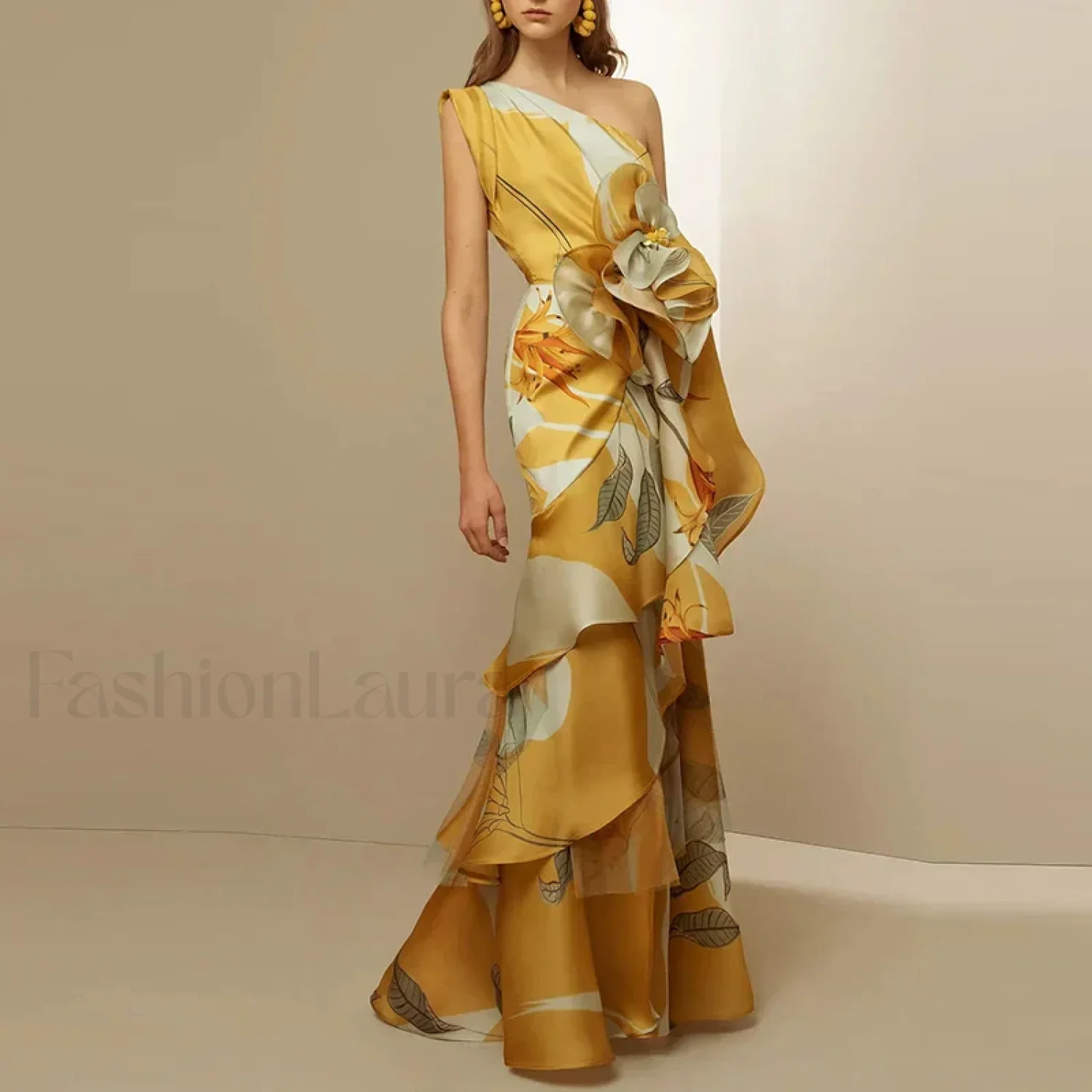 Diagonal Collar Hollow Floral Dress - Image 4