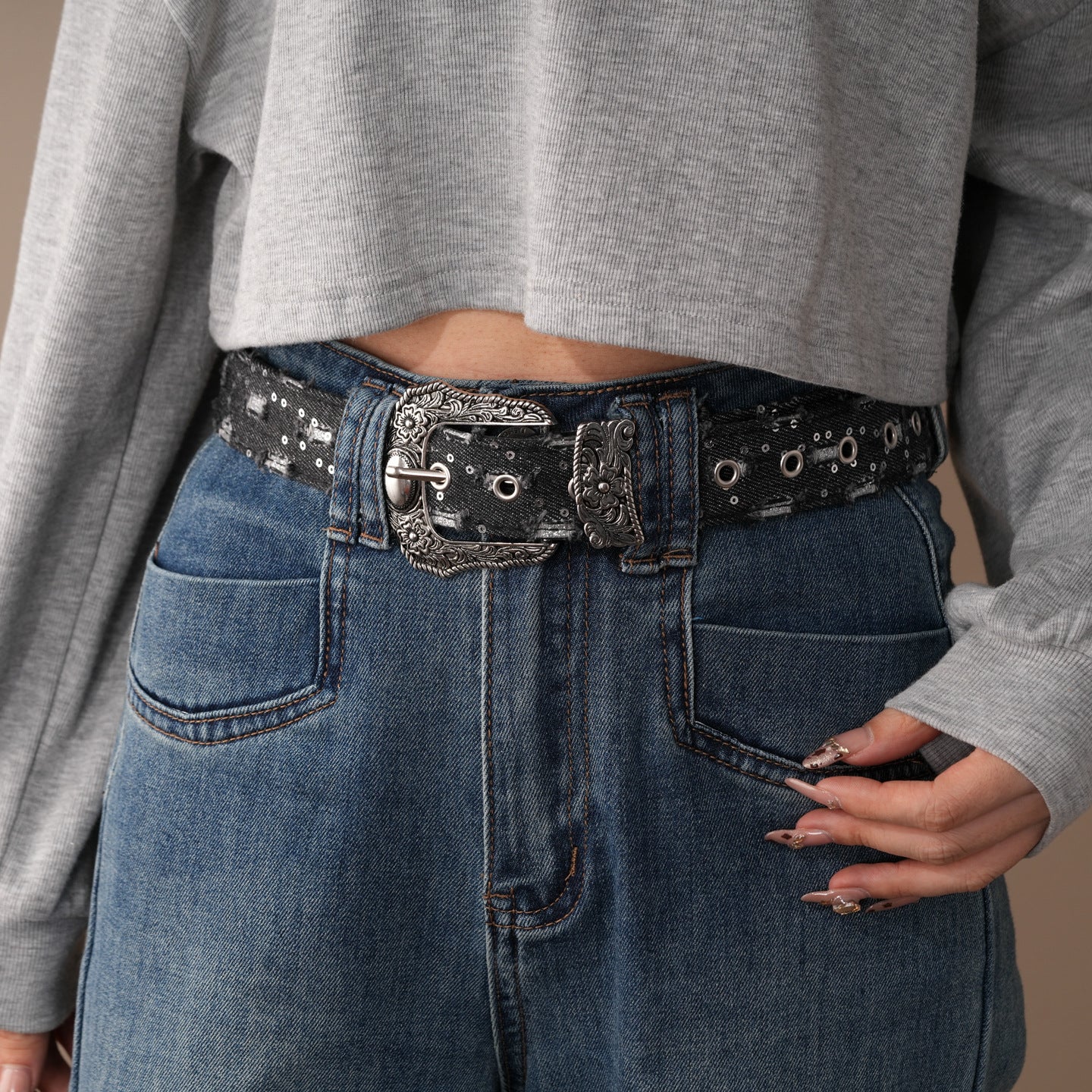 Distressed Denim Pattern Metal Belt - Image 5