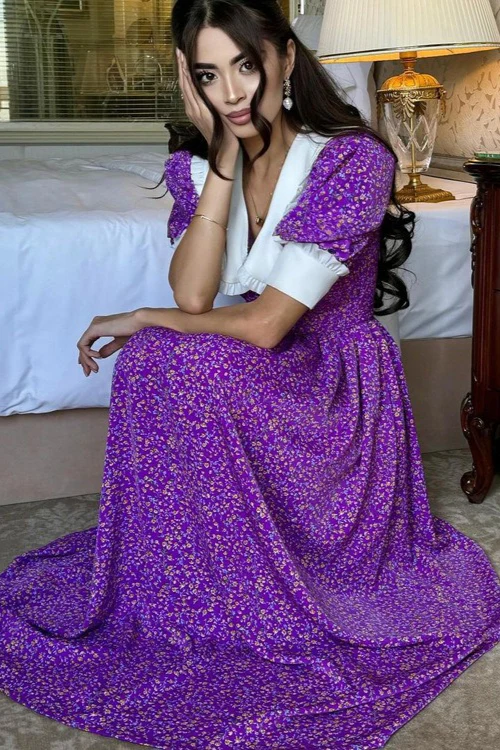 Doll Collar Short Sleeve Tie Waist Maxi Floral Dress - Image 2