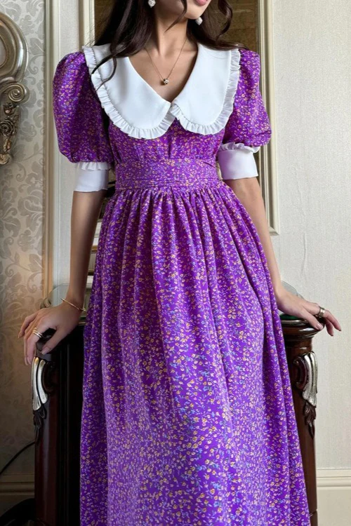 Doll Collar Short Sleeve Tie Waist Maxi Floral Dress - Image 3