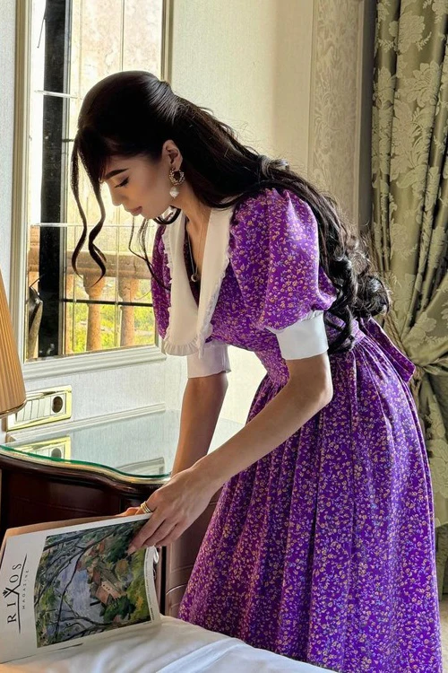 Doll Collar Short Sleeve Tie Waist Maxi Floral Dress - Image 4