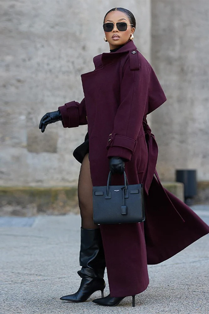 Double Breasted Belted Wool Trench Overcoat - Image 4