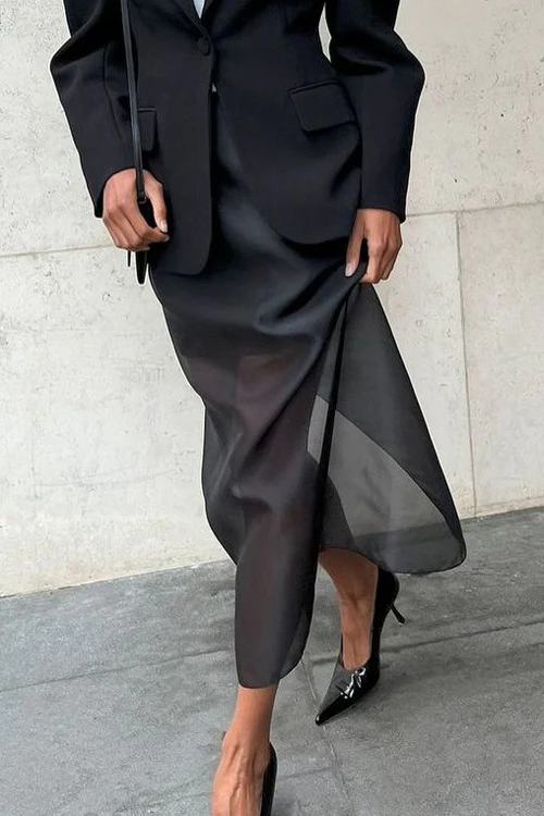 Double Layer Sheer Black High Slit Bodycon Skirt - Image 4
