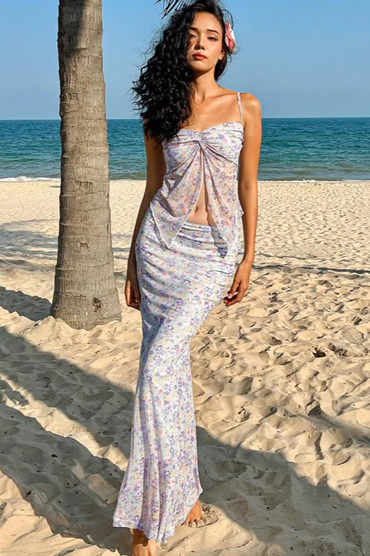 Double Layer Sheer Halter Floral Skirt Set - Image 3