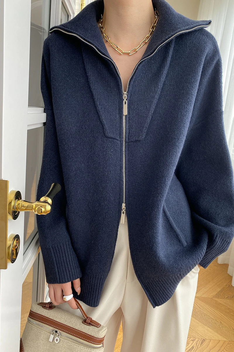 Double Zipper Shawl Collar Sweater - Image 19