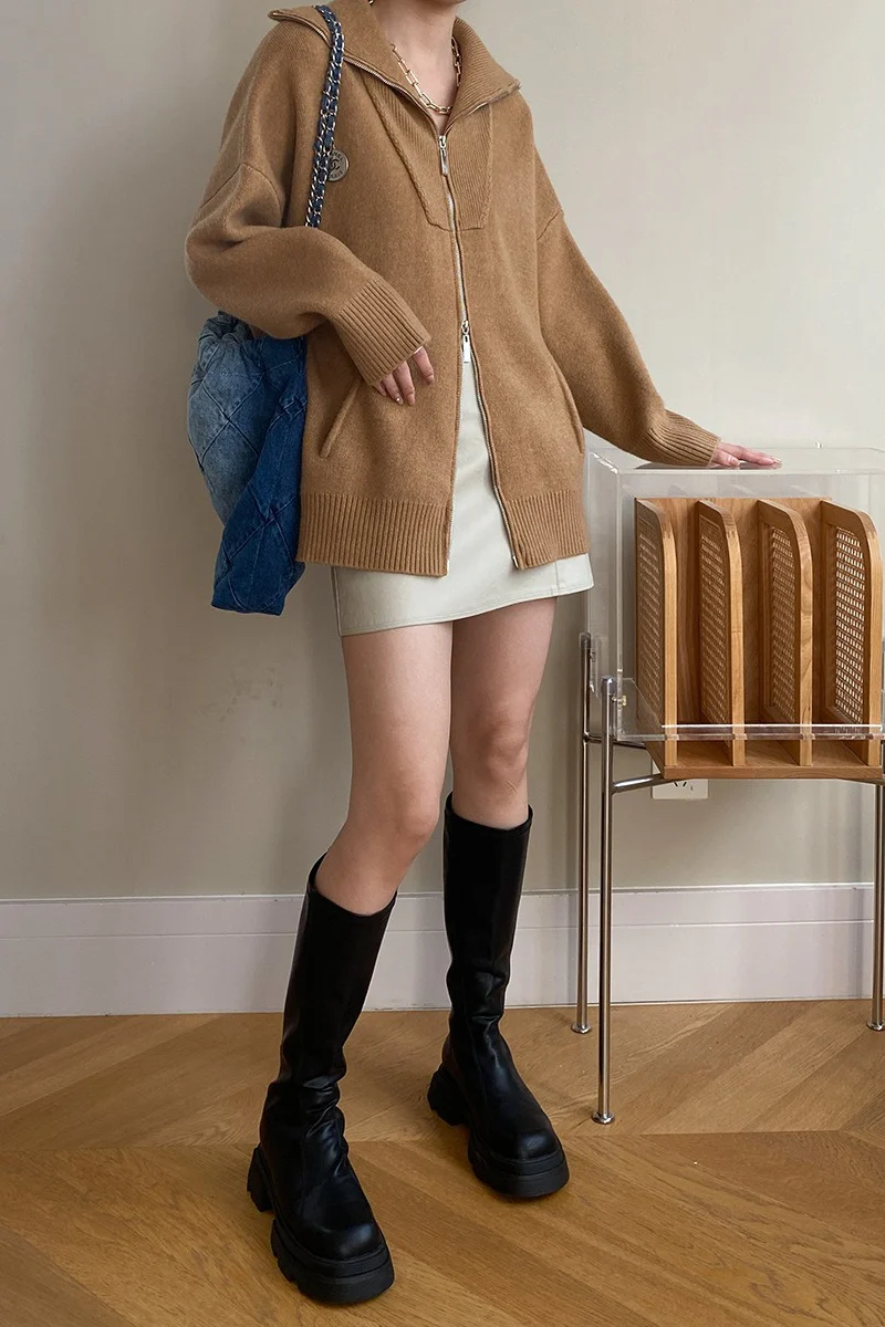 Double Zipper Shawl Collar Sweater - Image 9