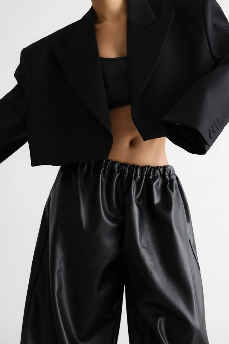 Drawstring Cuff PU Leather Relaxed Pants - Image 4