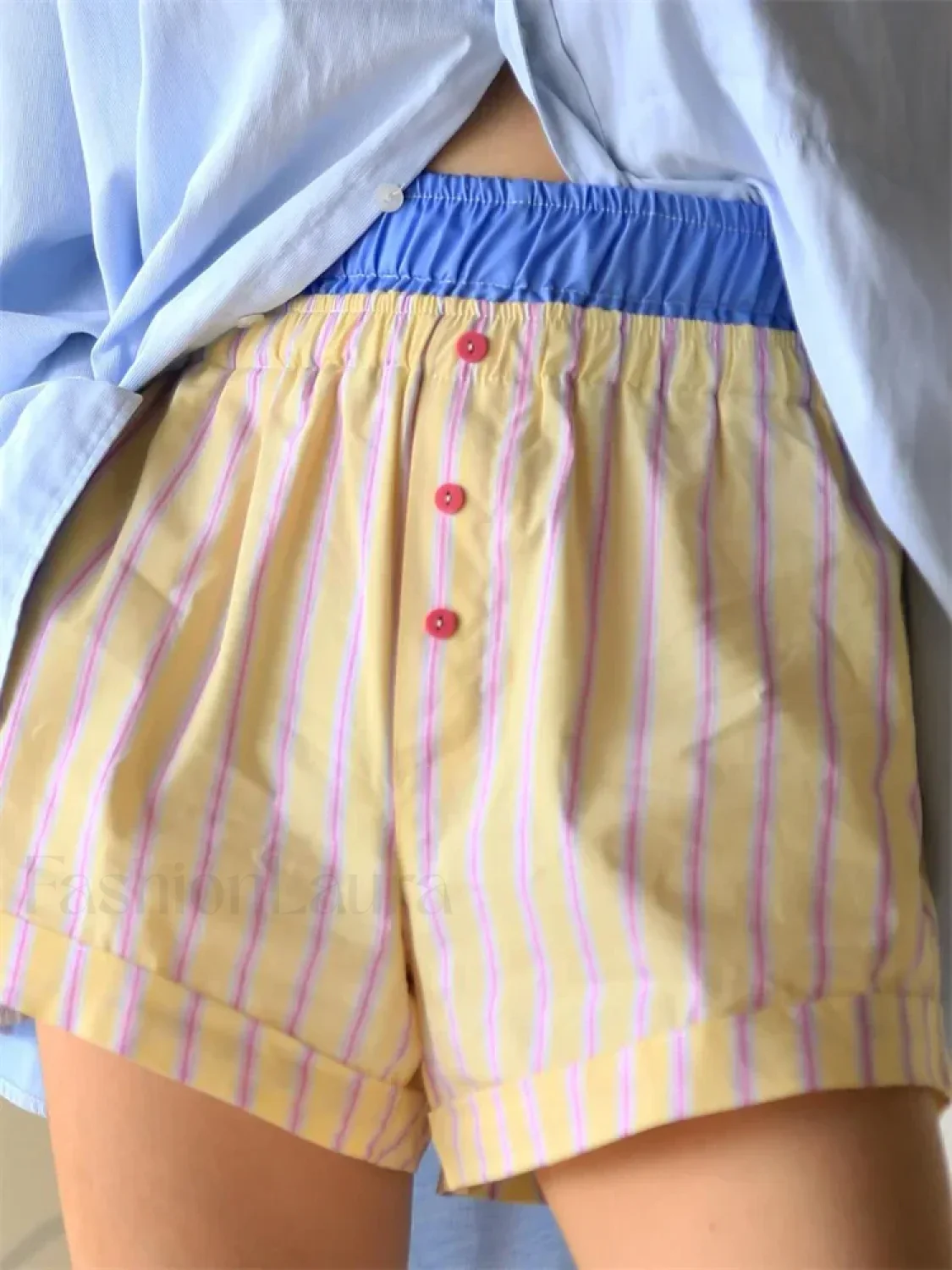 Elastic High Waist Patchwork Striped Print Casual Summer Short - Image 6