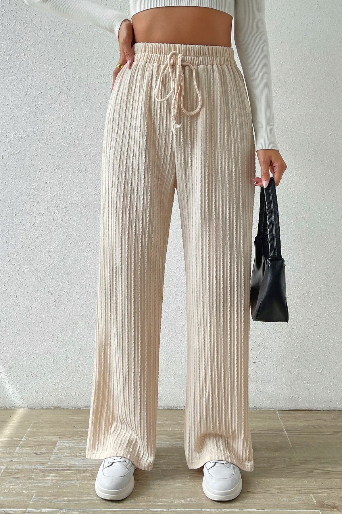 Elastic High Waist Solid Straight Leg Knit Pants - Image 3