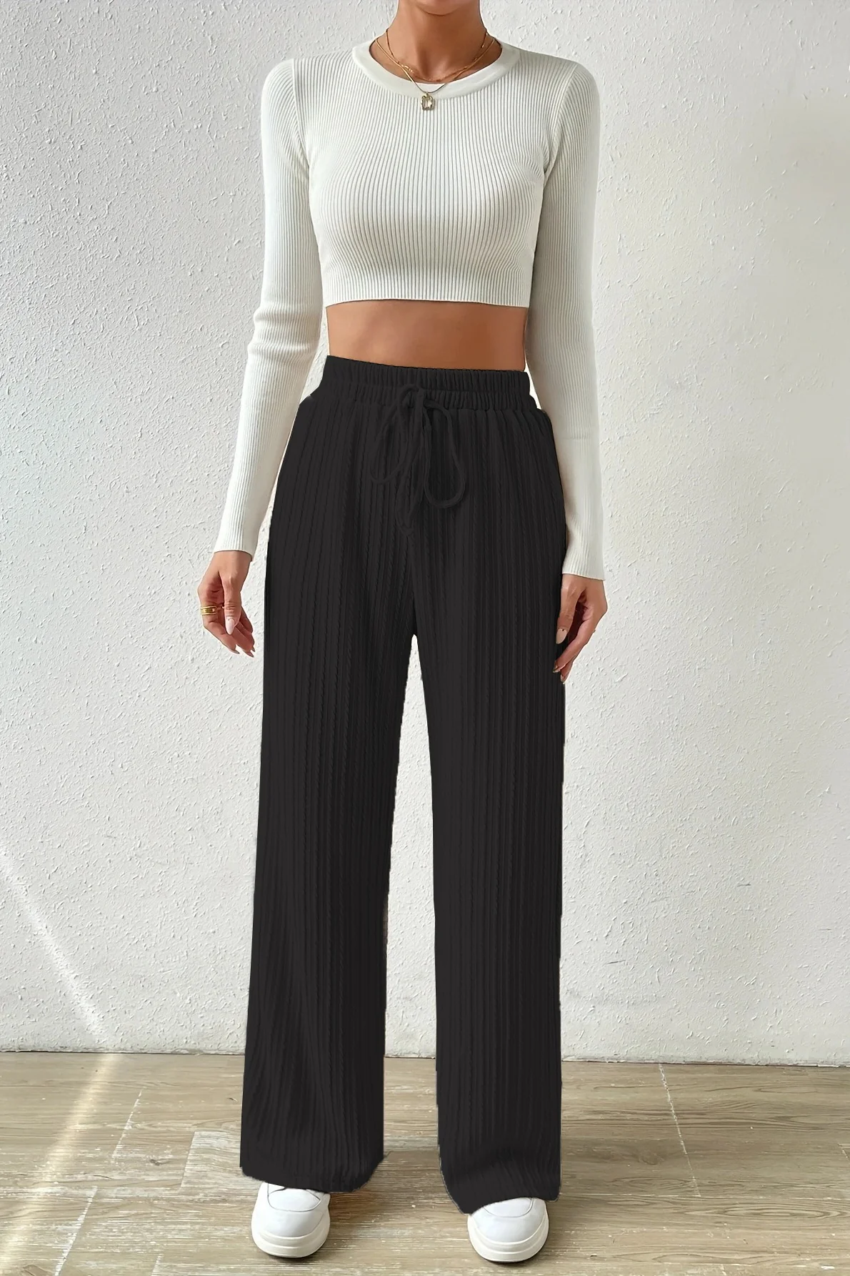 Elastic High Waist Solid Straight Leg Knit Pants - Image 5