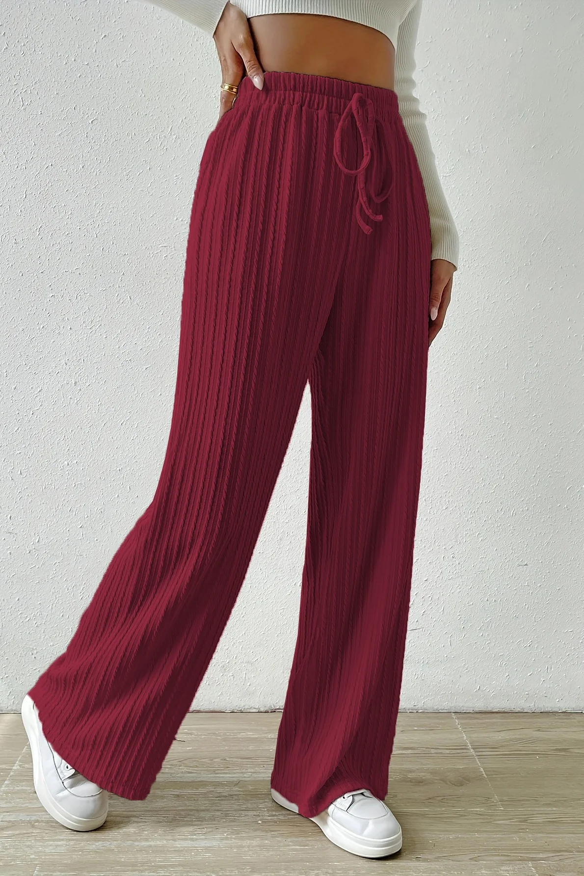 Elastic High Waist Solid Straight Leg Knit Pants - Image 7