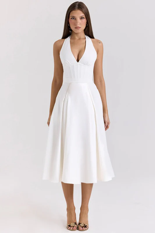 Elegant Deep V Halter Backless Maxi Party Dress