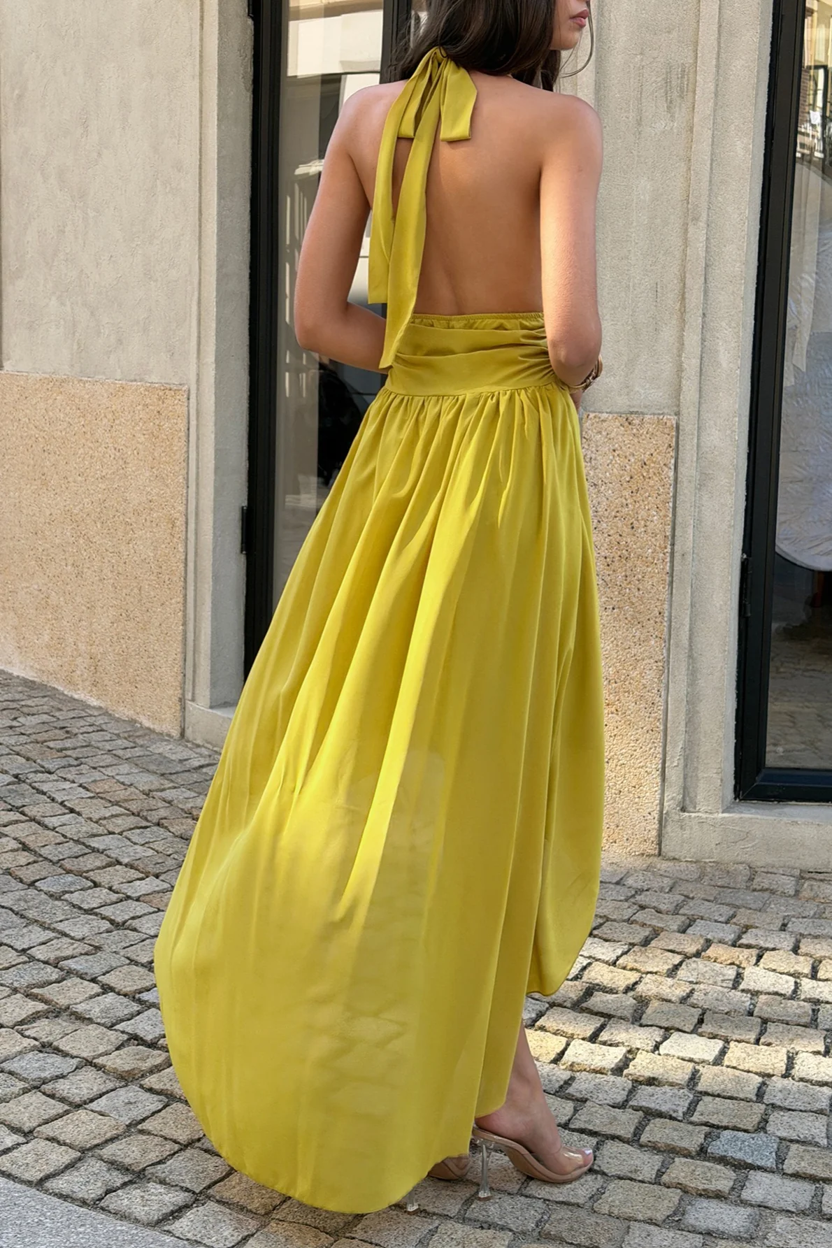 Deep V Ruched Asymmetrical Hem Midi Dress - Image 2