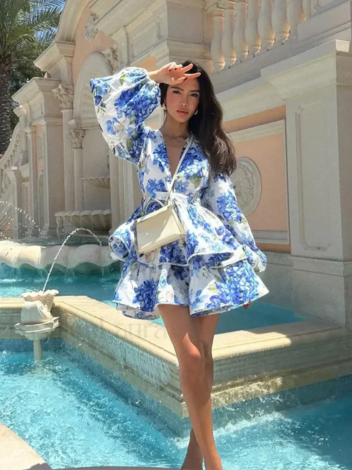 Elegant Floral Print Mini Dress Puff Sleeved Beach Floral Dress - Image 7