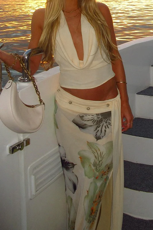 Elegant Halter Wrap Back Mesh Floral Slit Maxi Skirt Set - Image 2