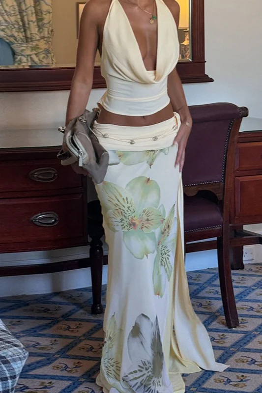Elegant Halter Wrap Back Mesh Floral Slit Maxi Skirt Set - Image 3