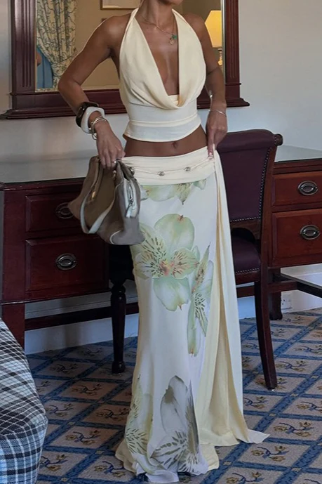 Elegant Halter Wrap Back Mesh Floral Slit Maxi Skirt Set - Image 4