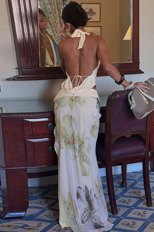 Elegant Halter Wrap Back Mesh Floral Slit Maxi Skirt Set - Image 5