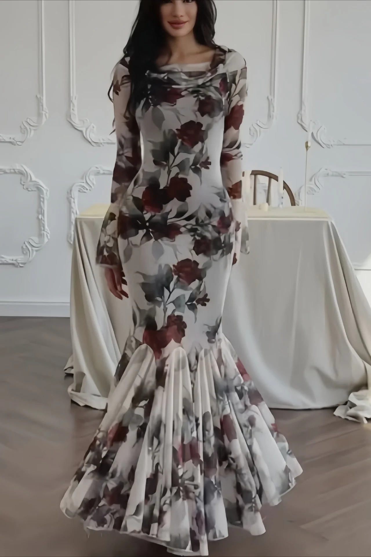 Elegant Long Sleeve Mermaid Rose Floral Dress - Image 2