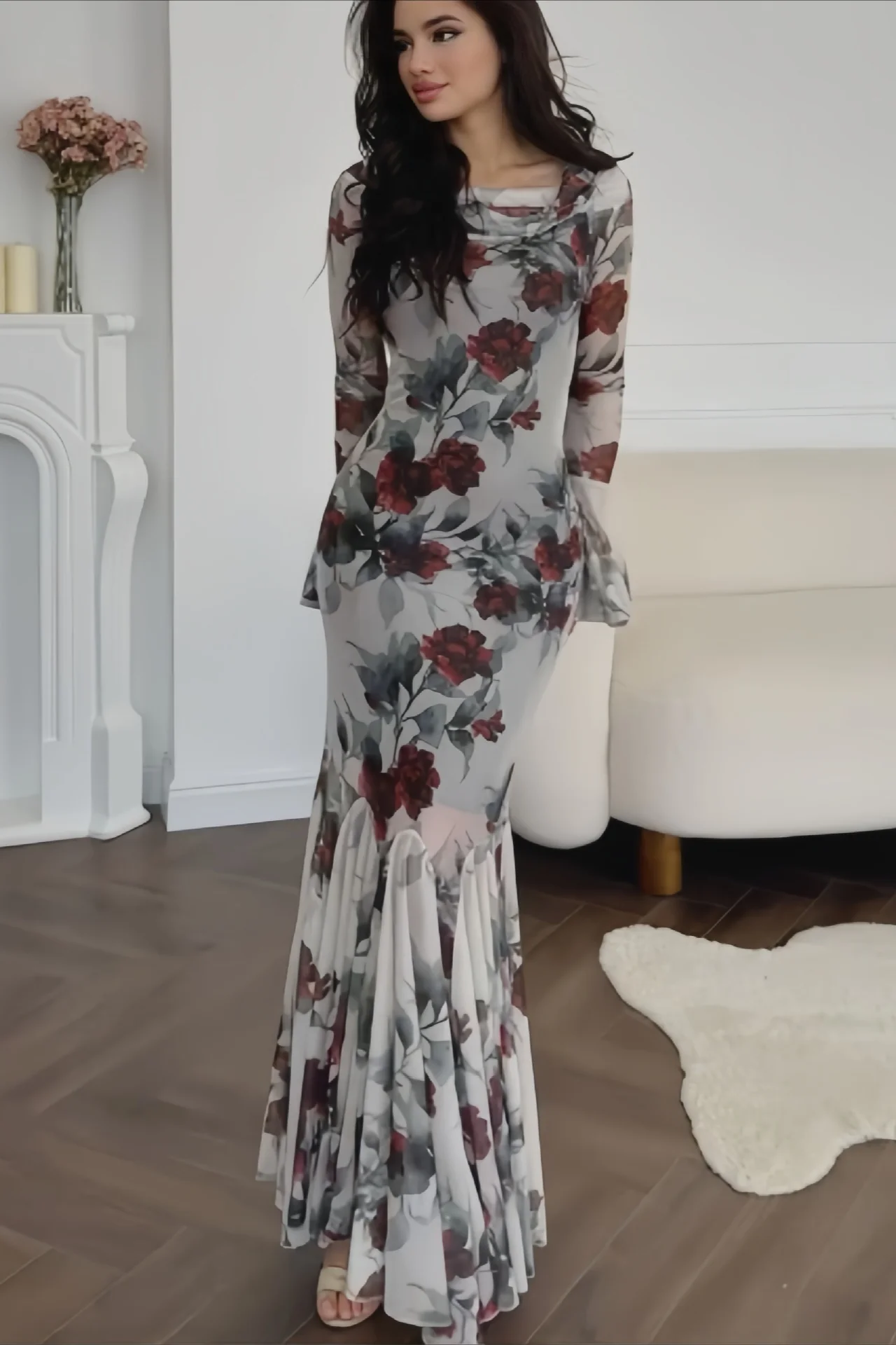 Elegant Long Sleeve Mermaid Rose Floral Dress - Image 3