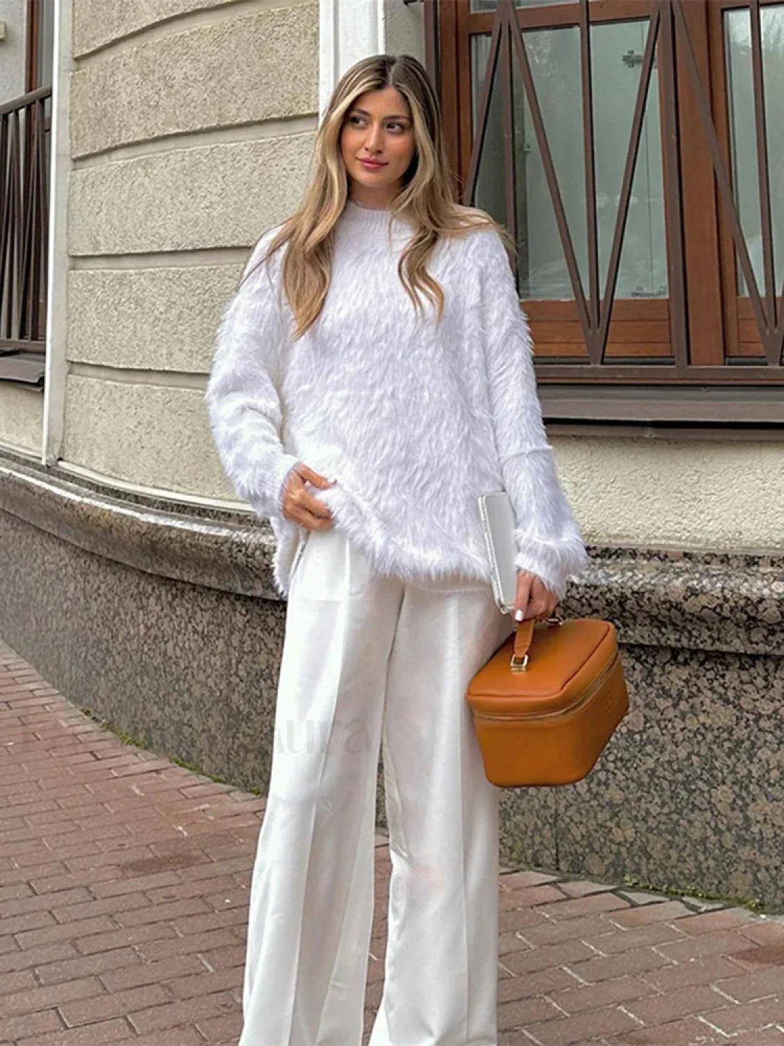 Elegant Solid Round Neck Warm Pullover For Women Casual Long Sleeves Loose Sweater - Image 4