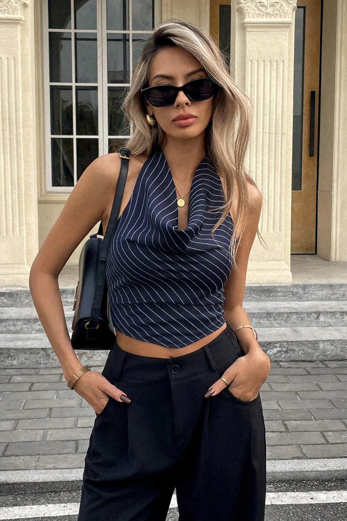 Elegant Stripe Halter Sleeveless Backless Draped Halter Top - Image 5