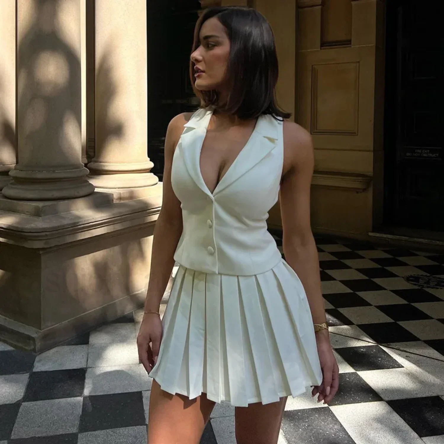 Elegant Waistcoat Pleated Skirt Deep V-neck Top Mini Skirt Two Piece Set - Image 7