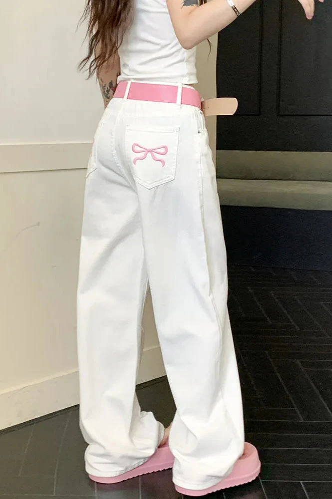 Embroidered Pink Bow Wide Leg Jeans - Image 10