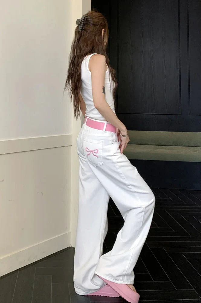 Embroidered Pink Bow Wide Leg Jeans - Image 11