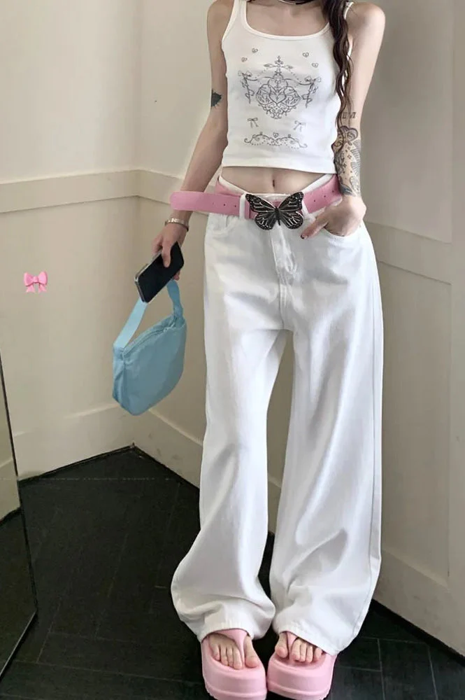 Embroidered Pink Bow Wide Leg Jeans - Image 15