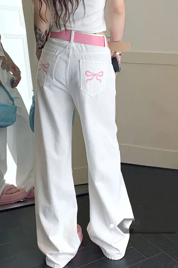 Embroidered Pink Bow Wide Leg Jeans - Image 24